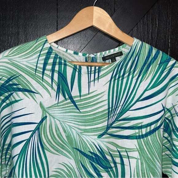 For Cynthia Linen Blend Boxy Ruffle Tropical Leaf Print Cropped Blouse Top Sz S - Picture 2 of 8